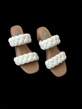 Steve Madden White Braided Double-Strap Slide Sandal with Tan Footbed